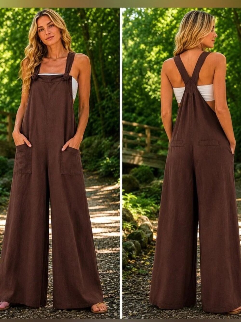 NWOT  Wide Leg Brown Overalls Adjustable Knot Strap Jumpsuit Small